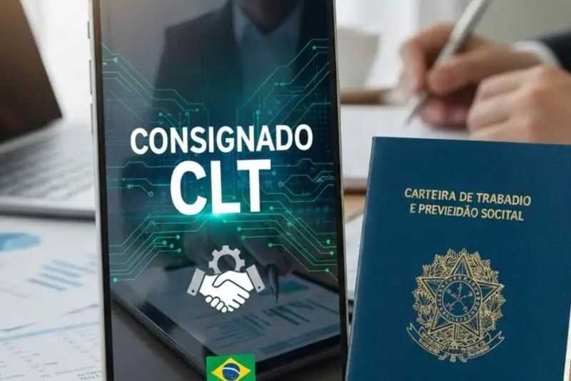 Celular exibindo Carteira de Trabalho Digital ao lado da Carteira de Trabalho física, com o texto Consignado CLT