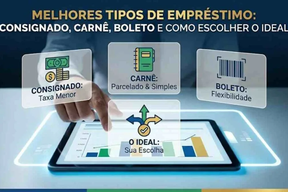 Infográfico comparativo sobre os melhores tipos de empréstimo: Consignado, Carnê e Boleto, com ícones financeiros e destaque para a escolha ideal