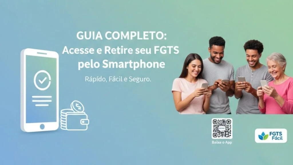 Guia completo: acesso e saque do FGTS pelo aplicativo de smartphone, mostrando um grupo de pessoas de diferentes idades (jovens e idosos) usando seus celulares, com um ícone de celular e carteira digital.