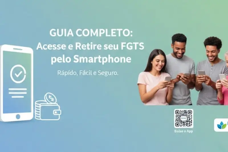 Guia completo: acesso e saque do FGTS pelo aplicativo de smartphone, mostrando um grupo de pessoas de diferentes idades (jovens e idosos) usando seus celulares, com um ícone de celular e carteira digital.