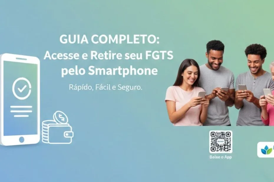 Guia completo: acesso e saque do FGTS pelo aplicativo de smartphone, mostrando um grupo de pessoas de diferentes idades (jovens e idosos) usando seus celulares, com um ícone de celular e carteira digital.