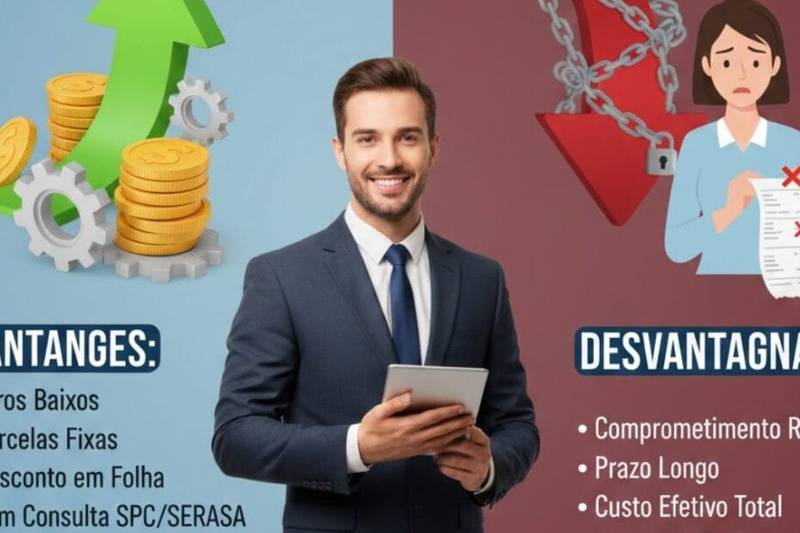 Infográfico comparativo: Vantagens (Juros baixos, Parcelas Fixas, Desconto em Folha) e Desvantagens (Comprometimento de Renda, Prazo longo, CET, Liquidiez Limitada) do Empréstimo Consignado Privado. Ilustrações de seta verde com moedas e seta vermelha com corrente quebrada, divididas por um homem de terno sorrindo.