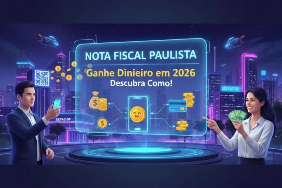Uma ilustração digital futurista com proporção 1200x800 pixels. No centro, uma tela holográfica azul exibe o texto "Nota Fiscal Paulista - Ganhe Dinheiro em 2026". À esquerda, um homem jovem de terno usa um smartphone para escanear um QR Code. À direita, uma mulher sorridente segura notas de dinheiro (reais). O fundo mostra uma cidade de São Paulo moderna e tecnológica à noite, com luzes neon. Ícones flutuantes de moedas de ouro, sacos de dinheiro e cartões de crédito conectam-se ao centro, simbolizando o fluxo financeiro e digital.