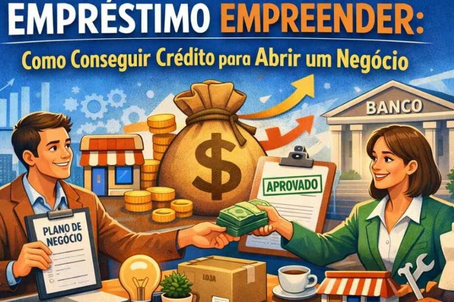 Ilustração de empreendedor conseguindo empréstimo aprovado no banco para abrir negócio, com plano de negócios, dinheiro e loja ao fundo.
