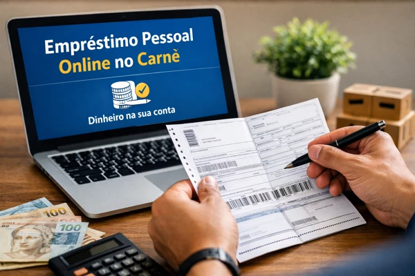 Pessoa consultando empréstimo pessoal online no carnê pelo notebook enquanto segura boletos para pagamento das parcelas.