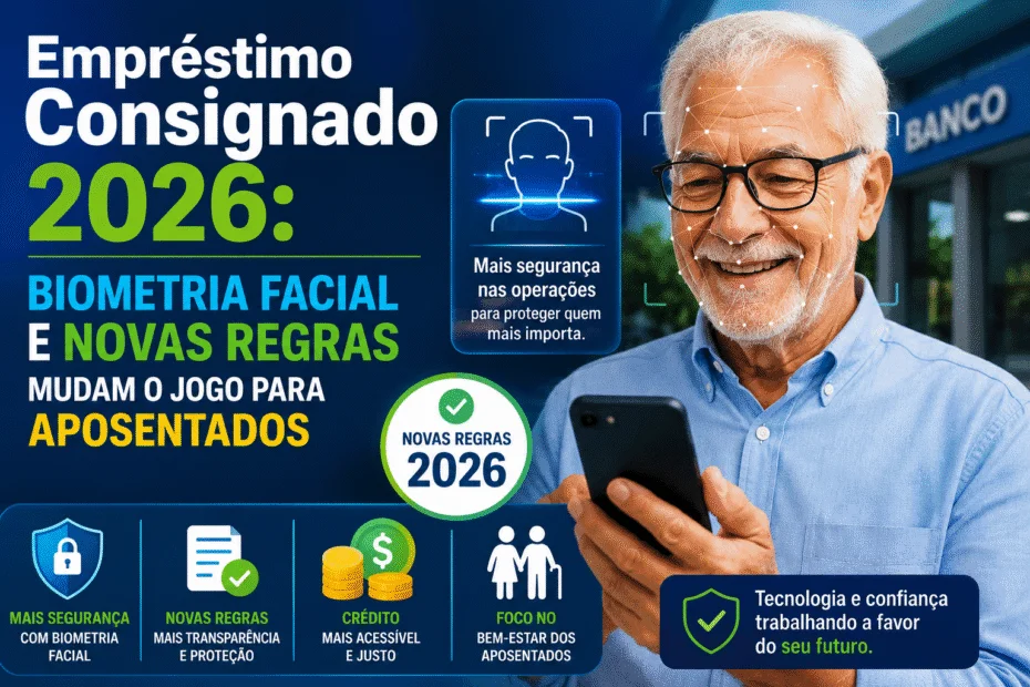 doso sorrindo utilizando celular com reconhecimento facial biométrico para contratação de empréstimo consignado em 2026, destacando novas regras e mais segurança para aposentados.