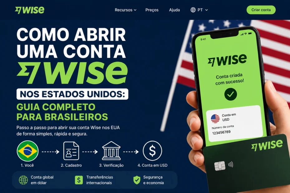 Imagem promocional sobre abertura de conta Wise nos Estados Unidos para brasileiros, mostrando celular com aplicativo Wise, bandeira dos EUA e elementos financeiros.