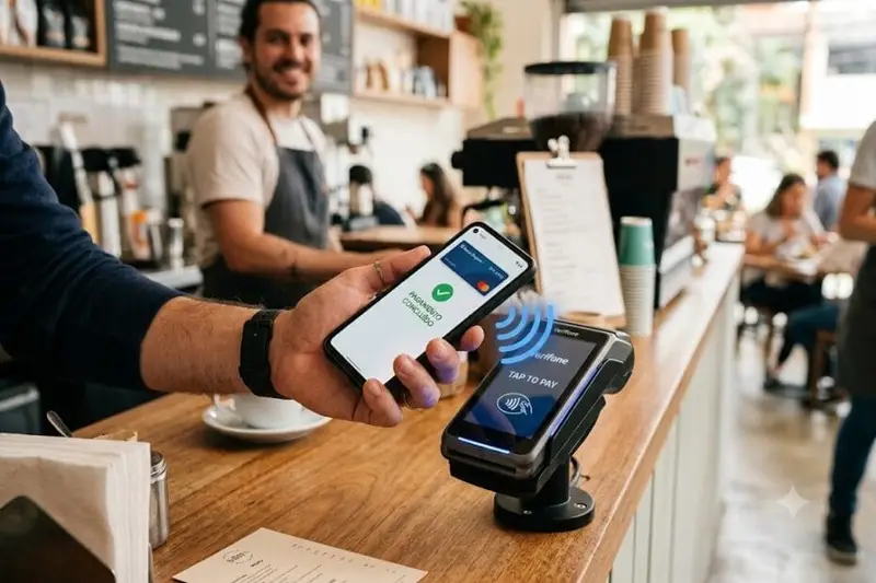 Pessoa aproximando smartphone com tela de confirmação verde de uma maquininha de cartão para pagamento por aproximação (NFC) em um balcão de café.